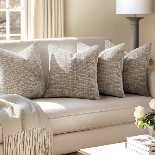 MIULEE Soft Decorative Chenille Pillow Covers Khaki 20x20 Pack of 4 - Image 5