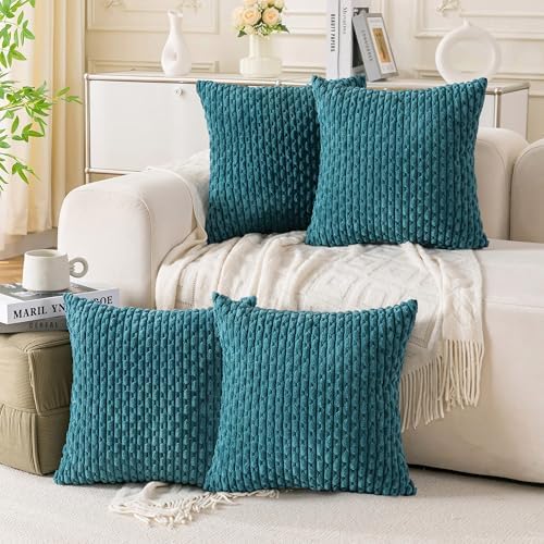 Set of 4 Teal Decorative Throw Pillow Covers 18x18 Inch Corduroy Pillow Covers for Bed Couch Sofa Living Room Soft Square Cushion Cases by Cozoomy