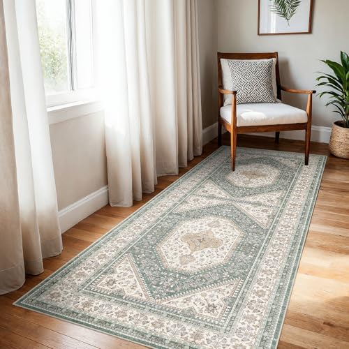 3x6 Washable Hallway Area Rug - Non-Slip Vintage Kitchen Rugs Green Beige - Image 2