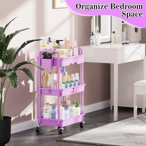 SUNALLY 3 Tier Rolling Cart with Drawer,Craft Storage Cart Organizer,Purple - Image 7