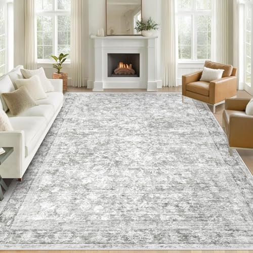 8x10 Area Rugs for Living Room: Washable Large Vintage Floral Rug Low Pile Non-Slip Boho Carpet for Bedroom Dining Home Office (Grey, 8'x10') by LOSBULAKE
