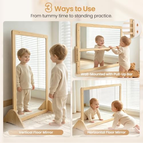 Montessori Mirror with Pull Up Bar, Large 38.2 x 23.6 in Natural Wood & Shatter-Resistant Acrylic Baby Mirror for Tummy Time, Horizontal/Vertical Floor Use, Wall Mounting and Pull-to-Stand - Image 3