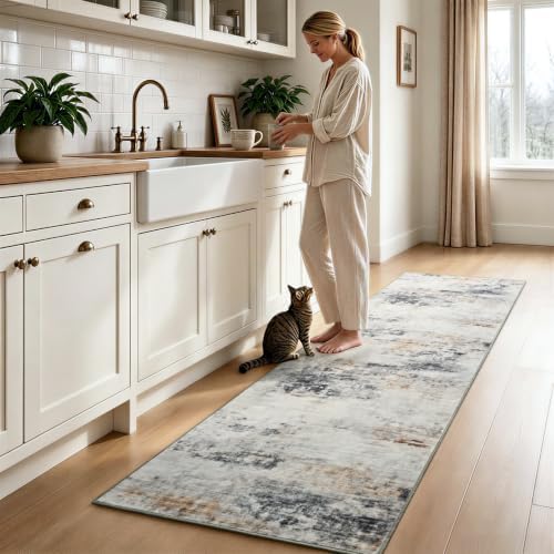 Toneed Washable 2x6 Non-Slip Runner Rug for Hallway Kitchen, Grey/Brown by Toneed