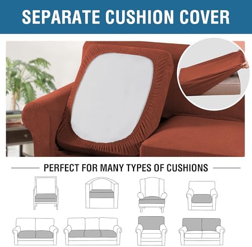 H.VERSAILTEX 3 Piece Stretch Sofa Covers for 2 Cushion Loveseat Couch Covers for Living Room Sofa Slipcovers (Base Cover Plus 2 Seat Cushion Covers) Thicker Jacquard Fabric(Medium Sofa, Rust) - Image 5