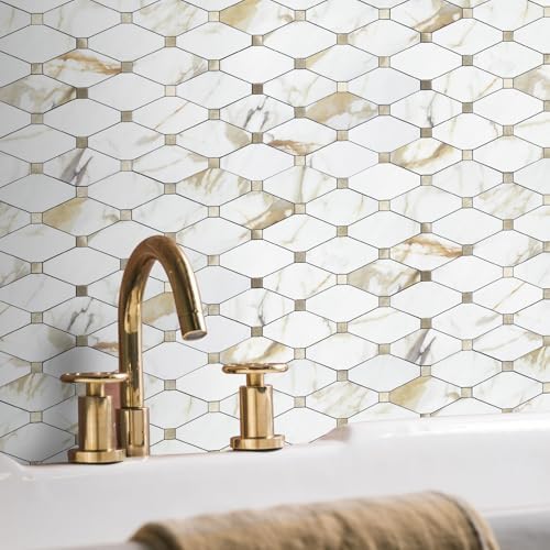 STICKGOO 1 Sheet Peel and Stick Backsplash, Calacatta Golden Stick on Aluminum Composite Tiles Stikers, Self Adhesive Mixed Metal Backsplash for Kitchen, Bathroom, Fireplace, RV - Image 3