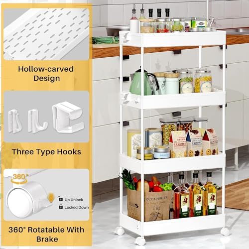 SPACEKEEPER 4 Tier Rolling Cart, Bathroom Cart Organizer with Wheels, White - Image 2
