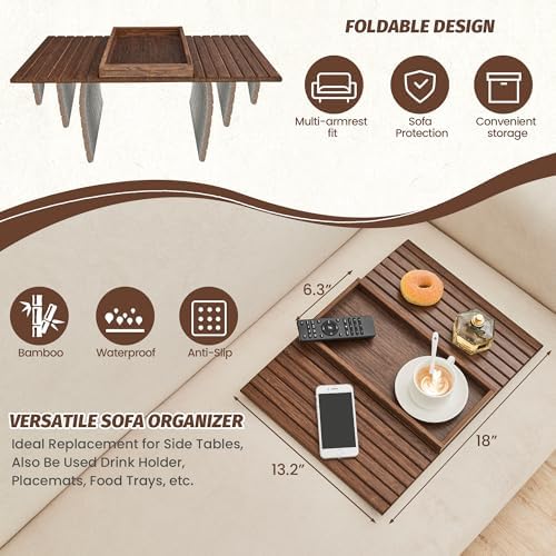 GEHE Bamboo Sofa Arm Tray, Foldable Couch Arm Tray Side Table, Anti-Falling Armrest Tables Cup Holder for Snacks, Drinks, Beers, Phone, Control, Flexible and Portable, Anti-Slip Bottom - Image 2