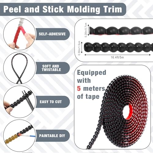 1 Pack Peel and Stick Molding Trim Flexible Molding Trim for Wall Self Adhesive Paintable DIY Wall Trims for Mirror Frame Cabinet Edge Picture (16.4 ft X 0.59 Inch,Black) - Image 3