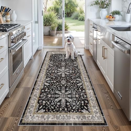3x6 Kitchen Runner Rug Non Slip Washable - Soft Low Pile Stain-Resistant Wide Carpet Runner for Hallway Entryway Bedroom Bathroom with Rubber Backing - Boho Floral Door Mat(Black,3x6) by BYYVOORugsforYourHome