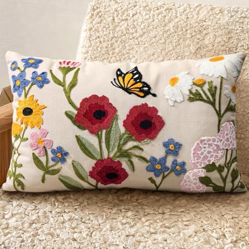 Embroidered Lumbar Pillow Cover 20x12 Inch, Retro Flower by Kokaaee
