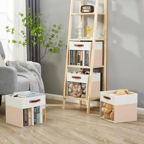 Bagnizer Storage Cubes, 4 Pack Linen Foldable Storage Bins with Clear Window and 2 Handles, 13x15x13 Storage Cube Bins for Shelf Closet, Kallax, Clothes, Books - (Beige / Off-White) - Image 6