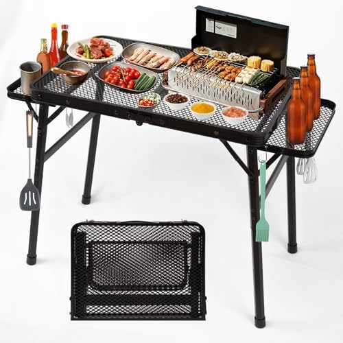 2.5 FT Picnic Table with 2 Wing Panels, Mesh Metal Folding Grill Table Height Adjustable & Lightweight & Portable Table for Outdoor Indoor Camping, Picnic, Beach and BBQ, RV by Grovind