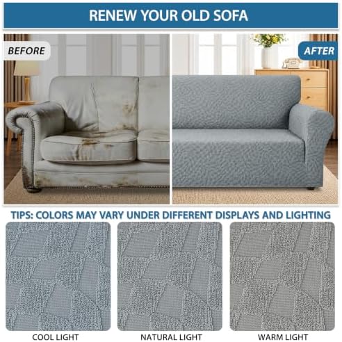 ZNSAYOTX 1 Piece Stretch Oversized Sofa Covers (91"-112"), New Plaid Couch Cover with Non-Slip Buckle for Dog Pets, Ultimate Soft Cozy Washable X-Large Sofa Slipcover Form Fit Protector, Light Grey - Image 5