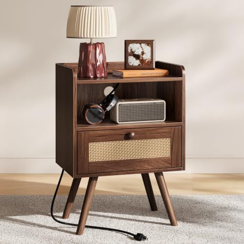 SUPERJARE Nightstand with Charging Station & Rattan-Like Decor Drawer by SUPERJARE