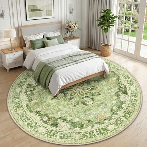 RELEANY Washable Area Rug, Round 10ft, Green/Yellow - Image 2