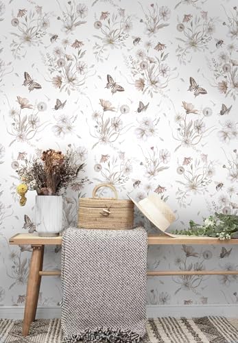 Vinjiasin Wallpaper Peel and Stick Floral Butterfly Contact Paper Vintage Flower Leaf Wall Paper for Bathroom Bedroom Self Adhesive Removable17.3 x 78.7" - Image 3