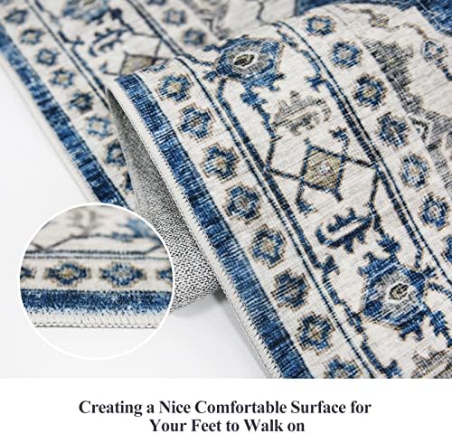 Hallway Washable Runner Rug - 2x10 Kitchen Rugs Entryway Rug Runner Vintage Soft Floor Mat Non Slip Indoor Farmhouse Carpet for Bathroom Living Room Bedroom (2 X 10, Blue) - Image 3
