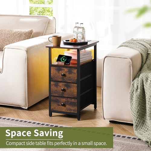 Yoobure End Table with Charging Station, LED Narrow Side Table Bedside Table, Small Night Stand End Tables Living Room, Skinny Nightstand with 3 Fabric Drawers, Side Tables Bedroom for Small Spaces - Image 3