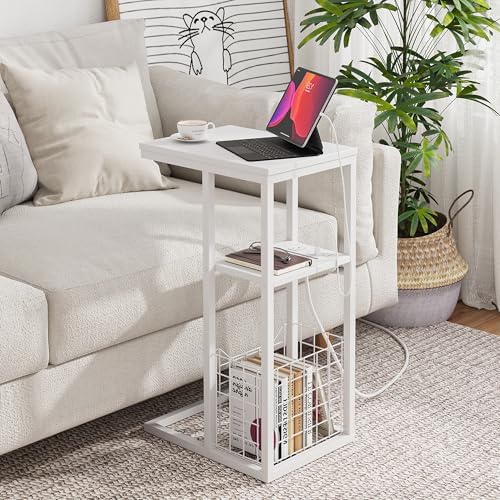 Vagusicc C Shaped End Table with Charging Station, Side Table for Couch, Small Side End Table for Small Spaces, 28" High Slide Under Sofa Table for Coffee, Tv Tray Table for Living Room, White - Image 2
