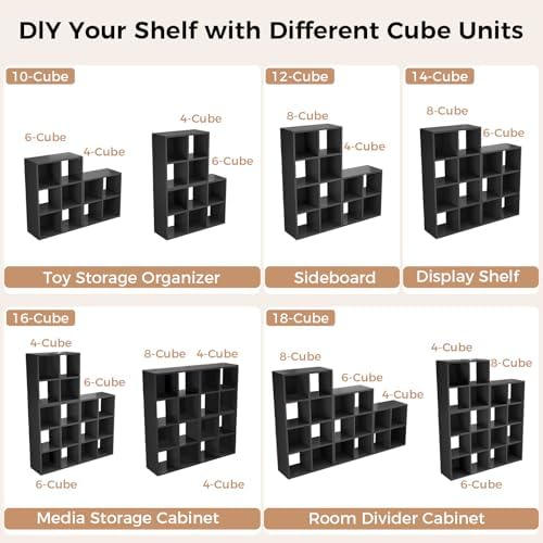 LUCKLIFE 6-Cube Storage Organizer, Modular Bookcase Shelf with Vertical or Horizontal Use, Fits 11×11" Bins, Optional Back Panels, for Living Room, Office, Carbon Black - Image 6