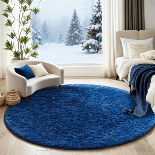 Ophanie Round Rug 5Ft Blue Circle Area Rug, Boys Room Decor, Fluffy Fuzzy Bedroom Carpet, Plush Soft Shaggy Living Room Rugs for Home Aesthetic with Over 99 pcs Pile fibers - Image 5