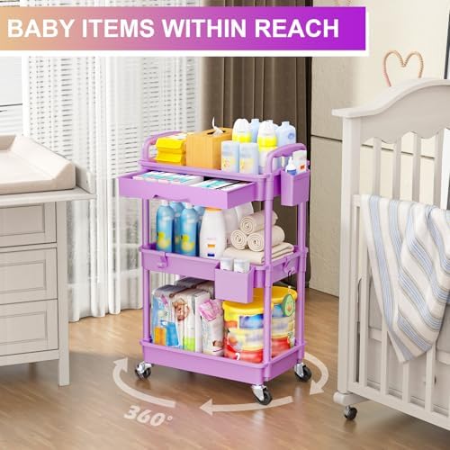 Goovilla 3 Tier Rolling Utility Cart Organizer with Removable Drawer,Purple - Image 6