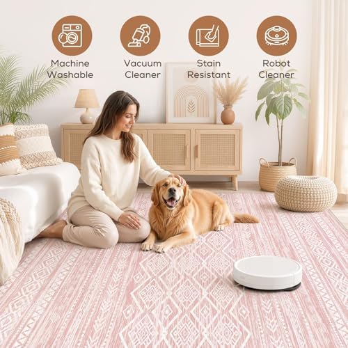 Nakagishi Area Rug Living Room Rugs: 5x7 Large Soft Machine Washable Boho Moroccan FarmNeutral Stain Resistant Indoor Floor Carpet for Bedroom Under Dining Table Home Office Decor-Pink - Image 3