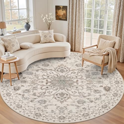 Round Area Rug for Living Room: 6ft Boho Washable Rug Brown Beige by EXPEDIX