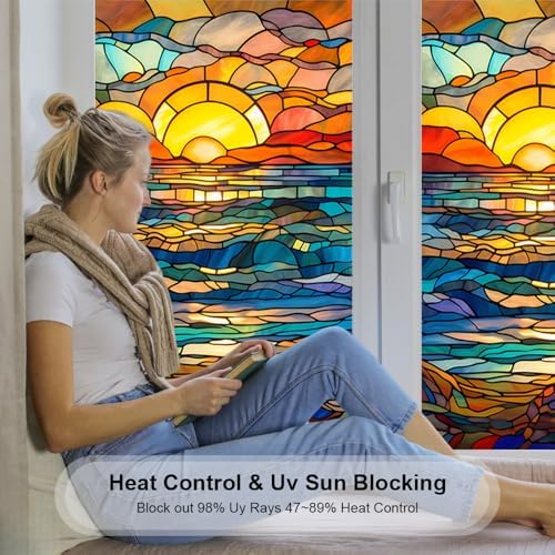 Window UV Protection Privacy Film:Non-Adhesive Static Cling Decorative Window Film with Installation Tools,Stained Glass Window Film for Kitchen,Study,Bathroom,and Shower Doors,17.7 x 39.4 inches. - Image 2