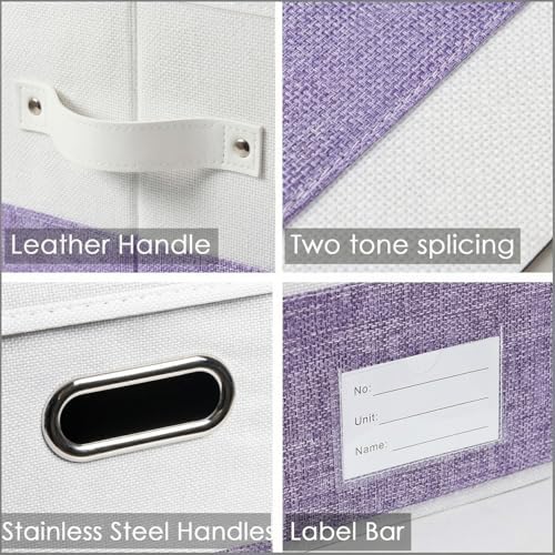 PRANDOM Storage Bins with Lids [3-Pack] Linen Fabric Foldable Storage Boxes Organizer Containers Baskets Cube with Cover for Bedroom Closet Office White&Purple (23.4X15.9X11.4) - Image 7