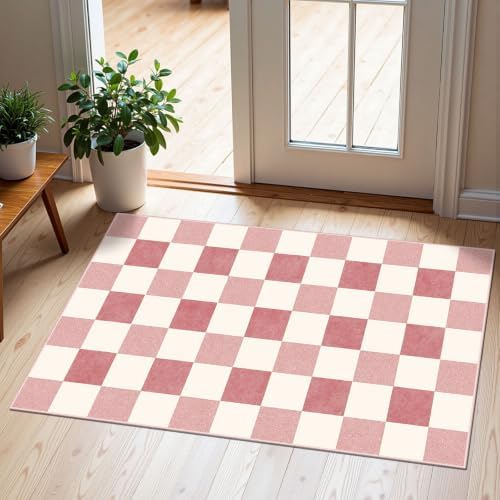 Front Door Mat Outside Entrance - 2x3 Cute Pink White Checkered Rug by Othilic