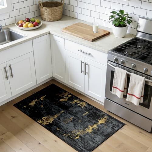 RELEANY Washable 2'x4' Abstract Area Rug for Living Room Black Gold - Image 3
