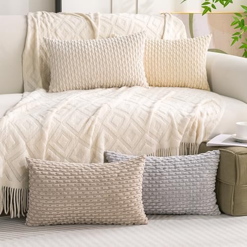 Set of 4 Neutral Decorative Throw Pillow Covers 12x20 Inch Corduroy Pillow Covers for Bed Couch Sofa Living Room Soft Cushion Cases by Cozoomy