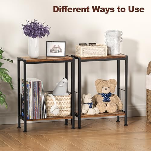 Narrow Side Table, Skinny End Tables with Magazine Holder, Small Sofa Table for Small Spaces, Space-Saving Design, Slim Nightstand Bedside Table for Living Room, Bedroom, Office, Rustic Brown - Image 5