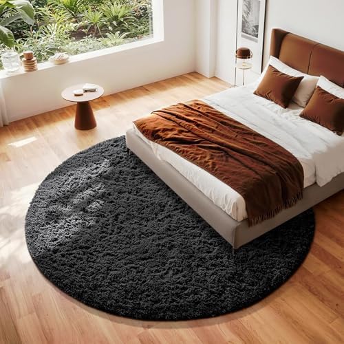 Ophanie Round Rug 8Ft Black Circle Area Rug, Room Decor for Men, Fluffy Fuzzy Bedroom Carpet, Plush Soft Shaggy Living Room Rugs for Kids Home Aesthetic, Nursery with Over 99 pcs Pile fibers - Image 5
