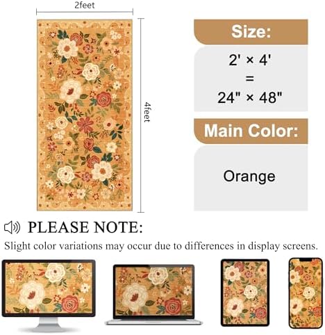 DUKINO 2x4 Entryway Rug, Floral Washable Kitchen Rugs Non Slip, Orange - Image 2