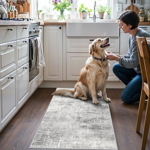 Washable 2x4 Entryway Area Rugs: Non-Slip Abstract Water Resistant Kitchen Rug Durable Doormat Soft Bedroom Carpet Indoor Low Pile Floor Mat for Bathroom Dining Room Hallway Runners(2x4,Light/Grey) - Image 2