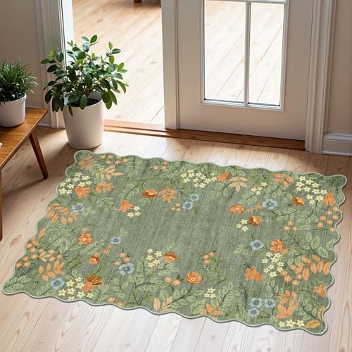 Front Door Mat Indoor Outside Entrance, 2x3 Sage Green Floral Rug by Othilic