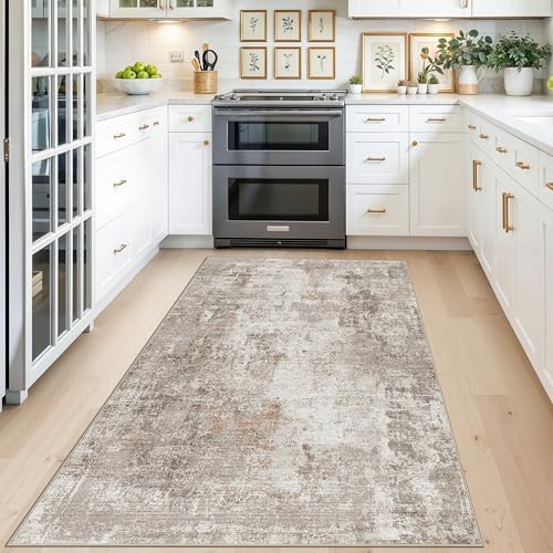 4x5 Washable Area Rugs for Entryway - Non-Slip Low-Pile Indoor Carpet with Rubber Backing for Kitchen, Bathroom,Bedroom, Living Room, Modern Abstract Neutral Soft Mat (Beige Grey) - Image 3