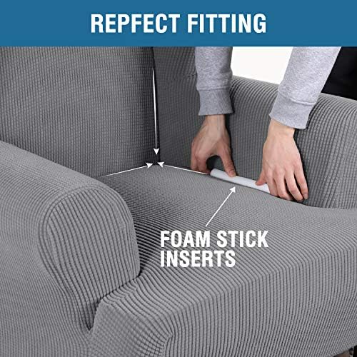 H.VERSAILTEX Wing Chair Slipcover Chair Covers for Wingback Chairs Wingback Chair Covers Slipcovers 1 Piece Stretch Sofa Cover Furniture Protector Soft Spandex Jacquard Checked Pattern, Dove - Image 5
