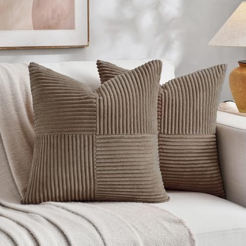 Fancy Homi Set of 2, Light Brown Patchwork Corduroy Decorative Soft Striped Modern Accent Cushion Case Farmhouse Boho Neutral Throw Pillow Covers for Chair Couch Bed Sofa Living Room 28x28 Inch by Fancy+Homi