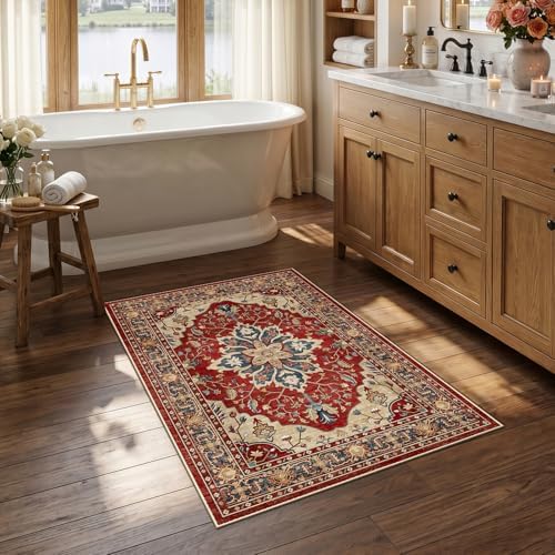 RELEANY Washable Area Rug, Small 2'6"x4', Red/Blue by RELEANY