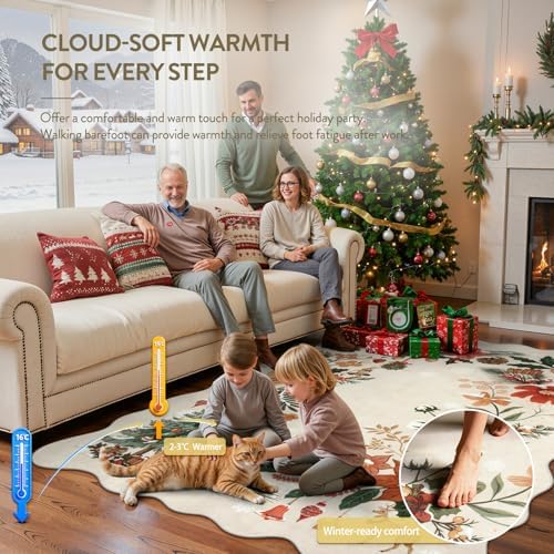 Lahome Floral Christmas Rugs for Living Room, Washable Christmas Rug 8x10 Under Bed Soft Xmas Tree Rug, Stain Resistance Large Carpets for Dining Room Office Home Decor, Beige/Multi - Image 4