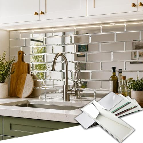 Diflart Peel and Stick Mirror Backsplash Tiles, Silver, 3x10 Inch, Beveled Mirror Subway Tiles for Kitchen Backsplash Bathroom Wall, Pack of 24 Pcs by Diflart