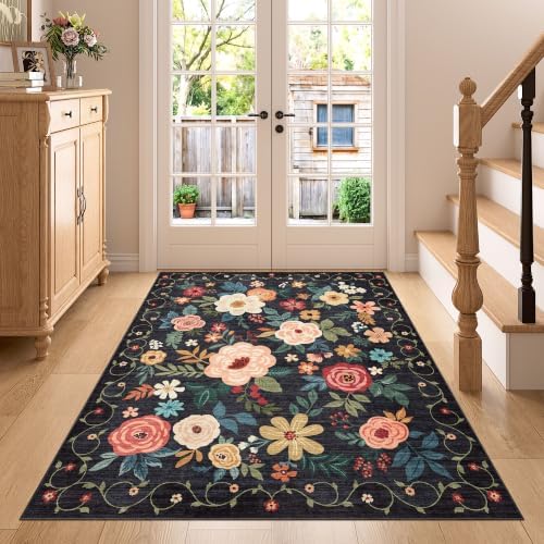 DUKINO 4x5 Area Rug for Entryway, Soft Floral Washable Rug Non Slip, Black by DUKINO