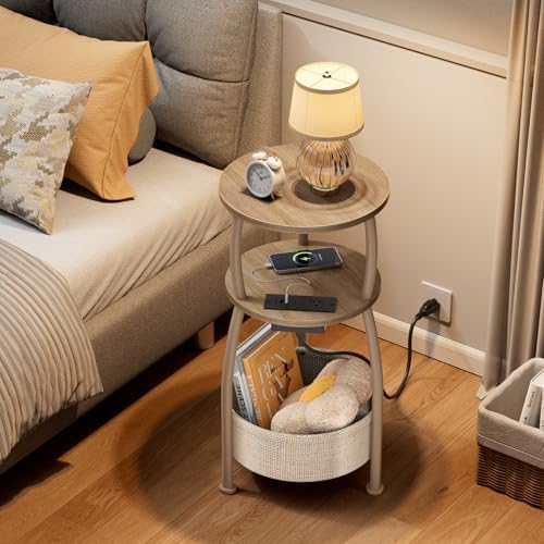 Side Table with Charging Station, Small Round End Table with Basket - Image 2