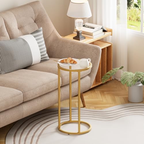 Easy Paws C Table Side End Table, Small Round Couch Sofa Tray Snack Table for Living Room, Bedroom,Accent Coffee Table,TV Tray Table for Small Space, Nightstand with Metal Frame(Gold) - Image 2