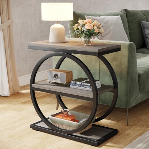 Tribesigns End Table, Narrow End Table with 3 Storage Shelves, Wood Side Table with Black Metal Frames, Industrial Small Sofa Side Table for Living Room, Grey Nightstand and Bedside Table for Bedroom - Image 3