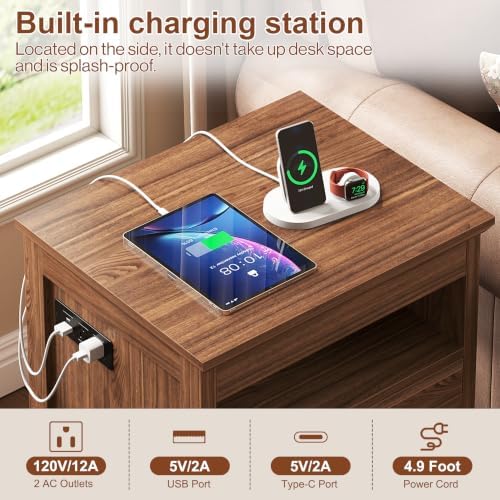 Yusong LED Night Stand with Gun Drawer, Bedside Table with Charging Station, Sofa Couch End Side Table with with 2 Drawers ＆Open Shelf for Bedroom, Brown - Image 5