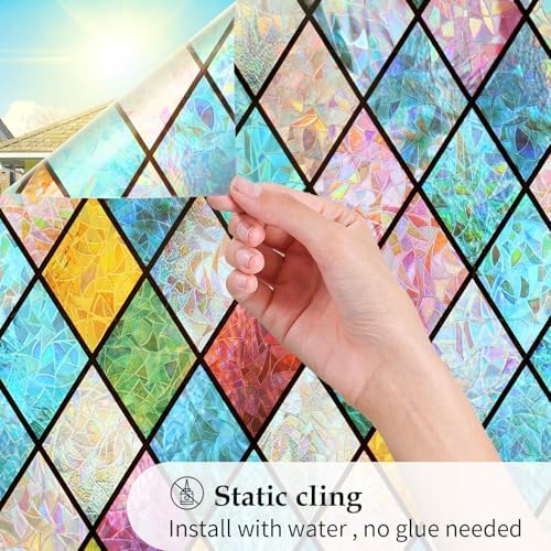 WPCTEV Stained Glass Rainbow Window Privacy Film, Rhombus 29.5In x 6.5Ft - Image 2